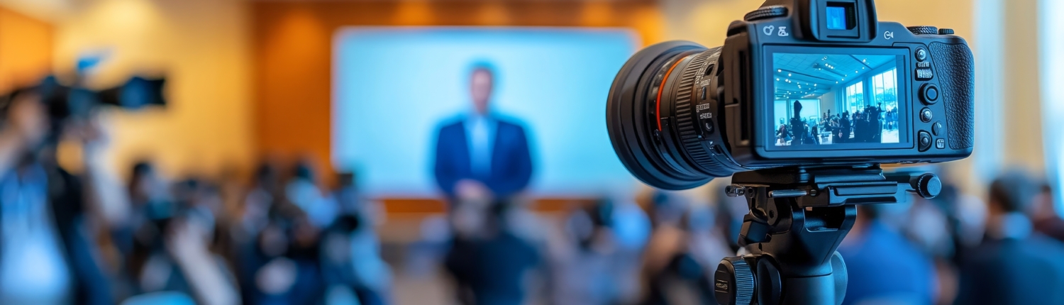 Image of a press conference with a video camera the front of the shot