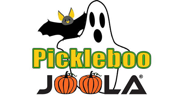pickleboo joola logo with some pumpkins, a ghost and a flying bat